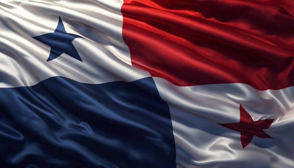 lucid origin volumetric flag of panama made of heavy silk like fabric waving intensely. deep 0